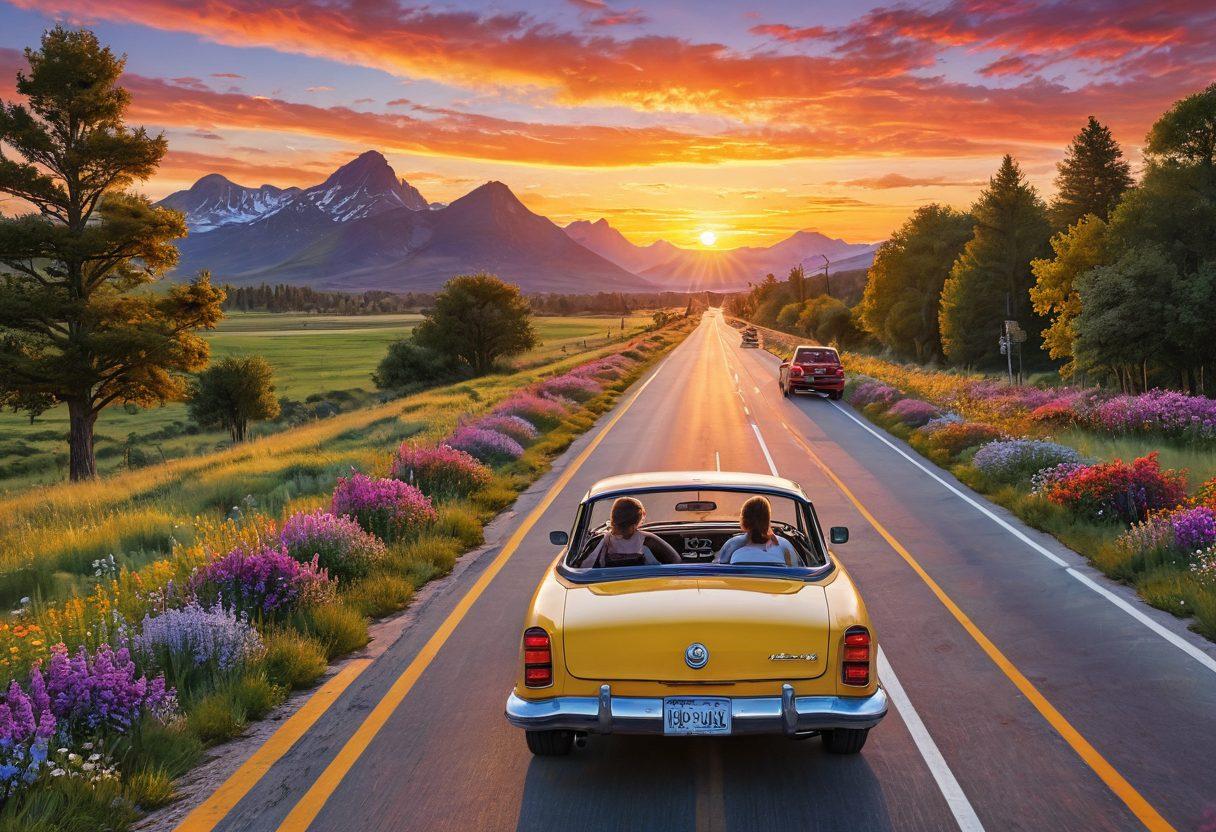 A vibrant highway stretching towards a bright sunset, with a joyful family inside a colorful car, laughter visible through the open windows. Surrounding them are scenic landscapes filled with blooming flowers and playful animals. Incorporate elements of adventure like a road sign pointing to 'Joyful Destinations'. The mood should be uplifting and cheerful, evoking a sense of freedom and happiness. super-realistic. vibrant colors. scenic background.