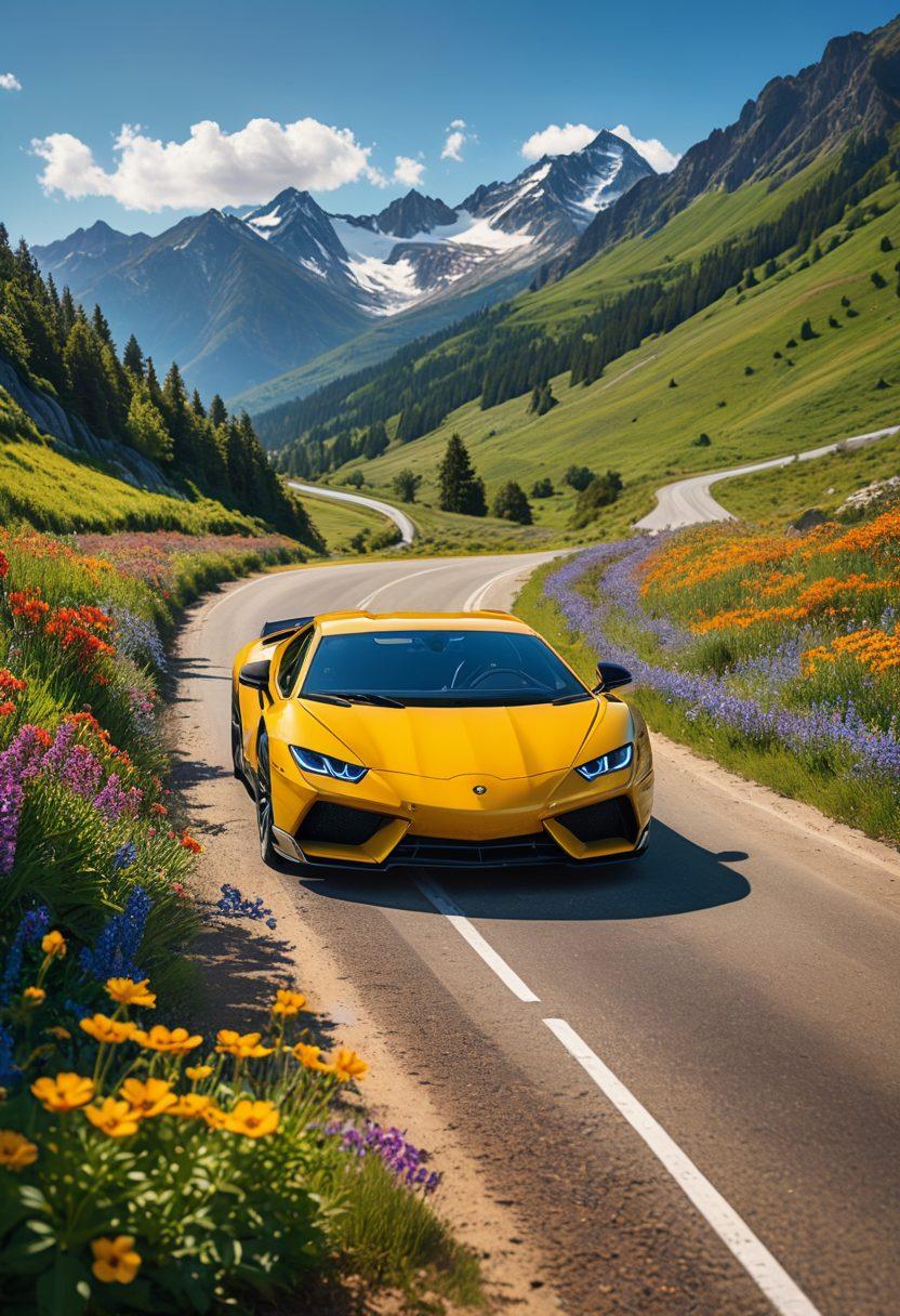 A vibrant scene depicting a dynamic driving experience, featuring a sleek sports car racing through a lush green landscape with mountains in the background. In the foreground, a group of friends is laughing joyfully while taking scenic selfies alongside the car. The image captures the thrill of speed and the warmth of camaraderie, with bright, sunny skies and colorful wildflowers lining the road. super-realistic. vibrant colors. 3D.
