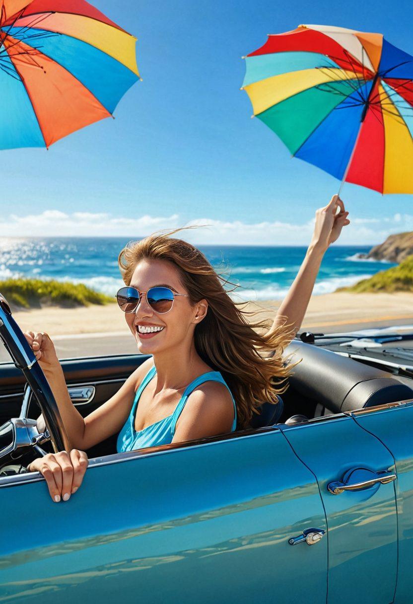 A vibrant scene of a spirited driver behind the wheel of a classic convertible, cruising along a sunlit coastal road with the ocean waves crashing nearby. The driver's face radiates pure joy, with wind-swept hair and a big smile. Bright blue skies and colorful beach umbrellas dot the background, enhancing the thrill of joyful driving. super-realistic. vibrant colors. 3D.